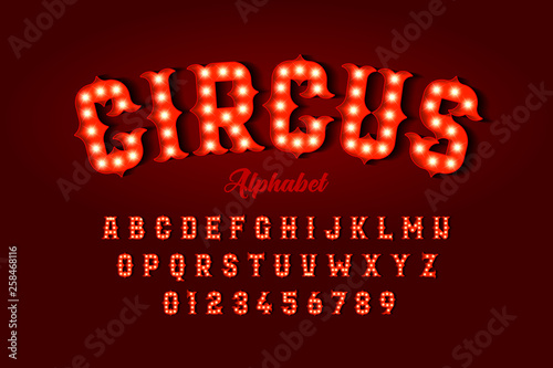 Circus style font design, alphabet letters and numbers photo