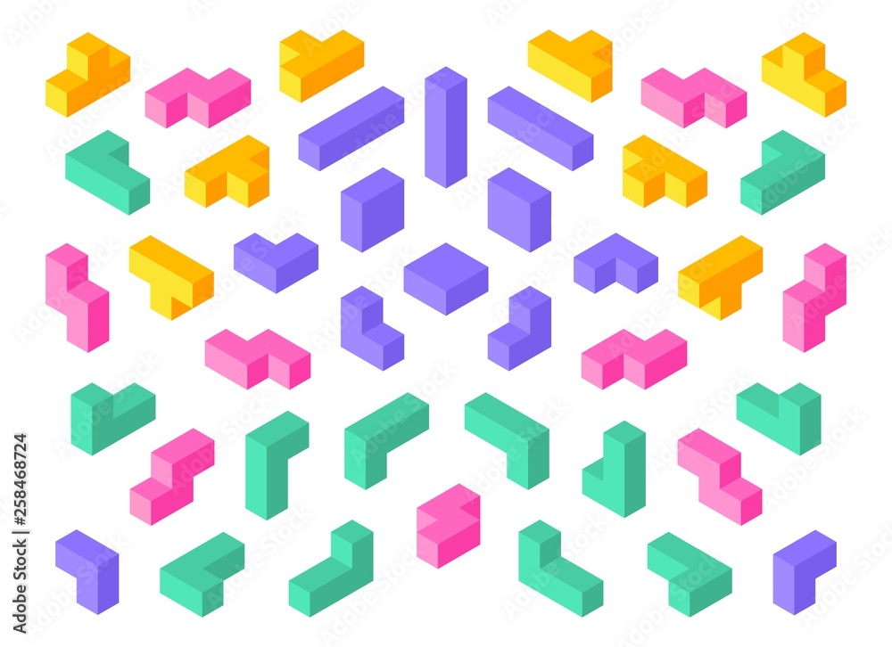 Tetris shapes. Isometric 3D puzzle game elements colorful cube abstract blocks. Vector isometric tetris design objects set