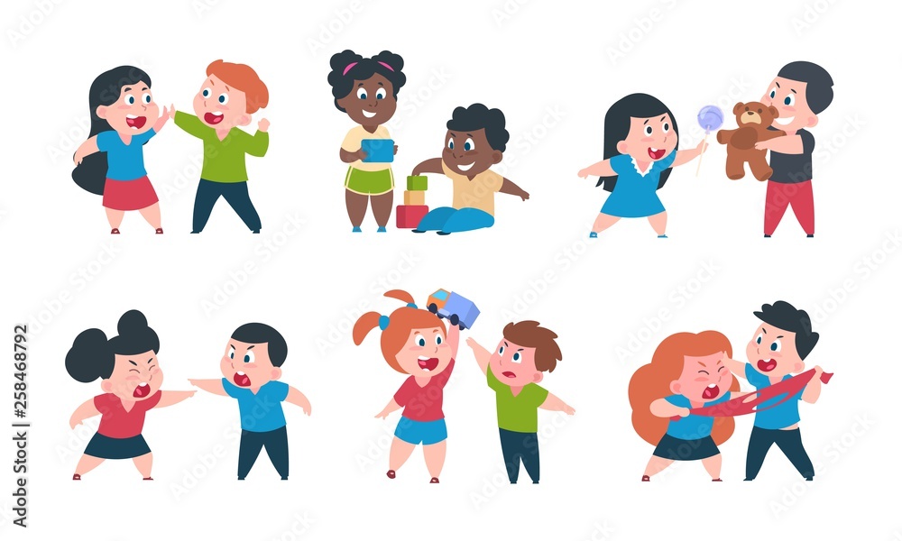 Kids behavior. Cartoon brother and sister fight cray play, cute little boy  girl happy characters. Vector funny best friend children set Stock Vector |  Adobe Stock