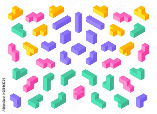 Tetris shapes. Isometric 3D puzzle game elements colorful cube abstract blocks. Vector isometric tetris design objects set photo