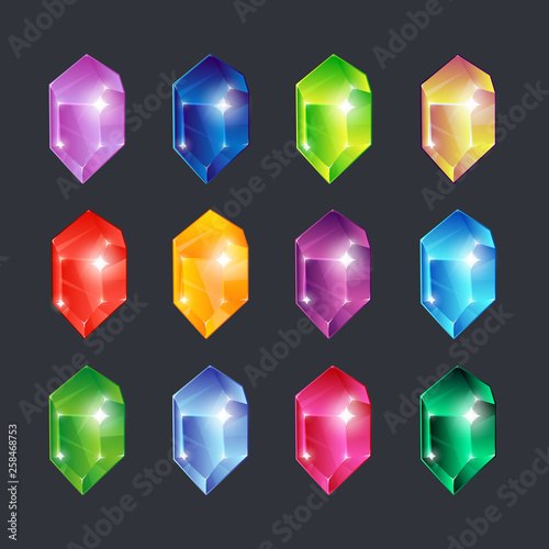 Magic gems. Gem stones jewels diamonds gemstone emerald ruby sapphire glance clear glass brilliant isolated vector cartoon icons set