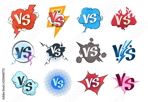 Comic versus logos. VS pop art retro game concept, cartoon fight bubble template, boxing competition. Vector versus challenge set