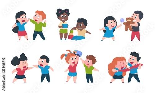 Kids behavior. Cartoon brother and sister fight cray play, cute little boy girl happy characters. Vector funny best friend children set