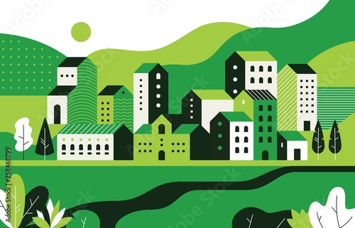 Minimal cityscape. Flat landscape with geometric buildings and nature environment, city street pattern. Vector geometry buildings style