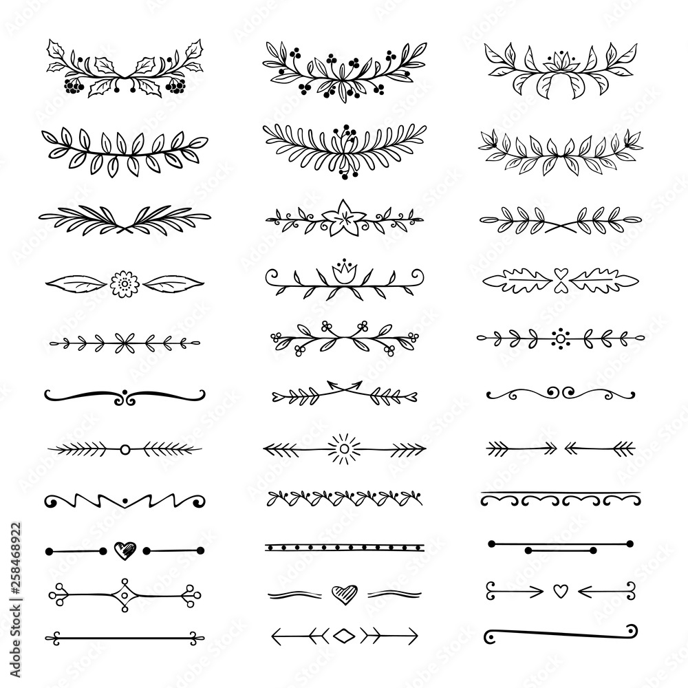 Doodle dividers. Hand drawn line borders and laurels, ornamental decorative frame, nature floral arrow sketch. Vector divider set