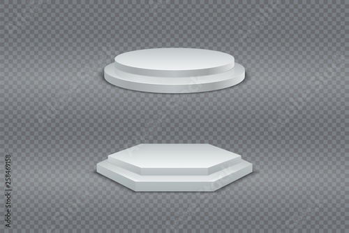 Podium 3D. White round and hexagonal two-stage podium, pedestal or platform on transparent background set