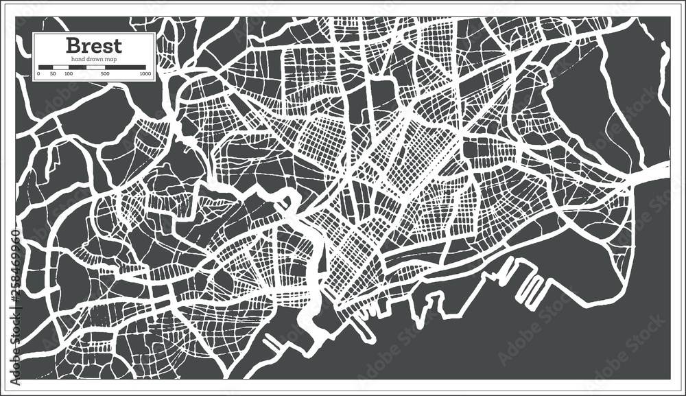 Brest France City Map in Retro Style. Outline Map. Vector Illustration.