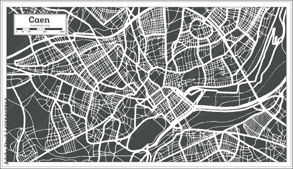 Fototapeta Caen Francja mapa miasta w stylu retro. Mapa konspektu. Ilustracja wektorowa.