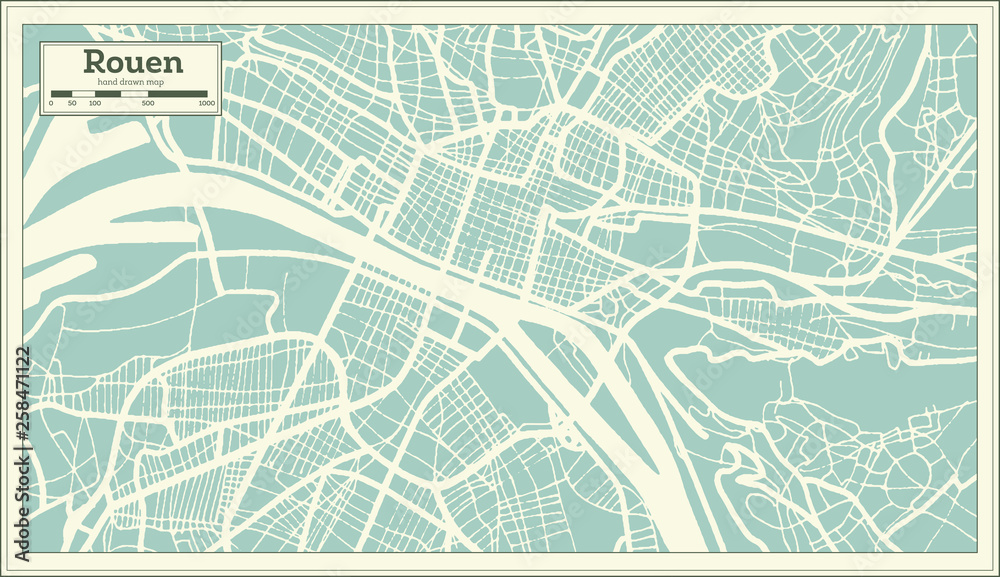 Obraz premium Mapa miasta Rouen we Francji w stylu retro. Mapa przeglądowa. Ilustracji wektorowych.