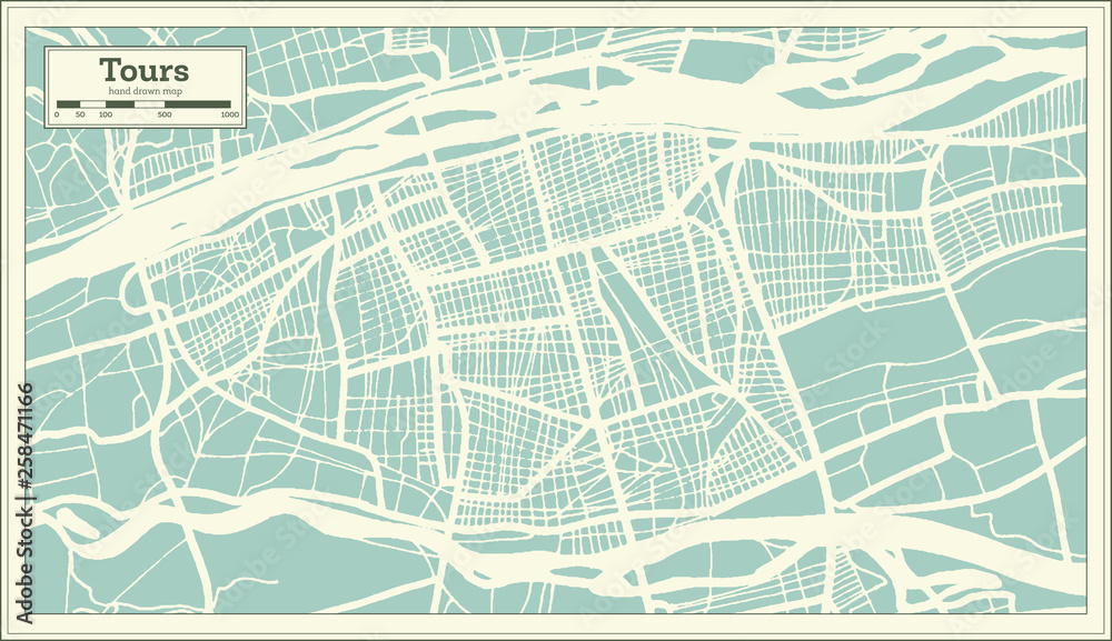 Fototapeta premium Tours France City Map in Retro Style. Outline Map. Vector Illustration.