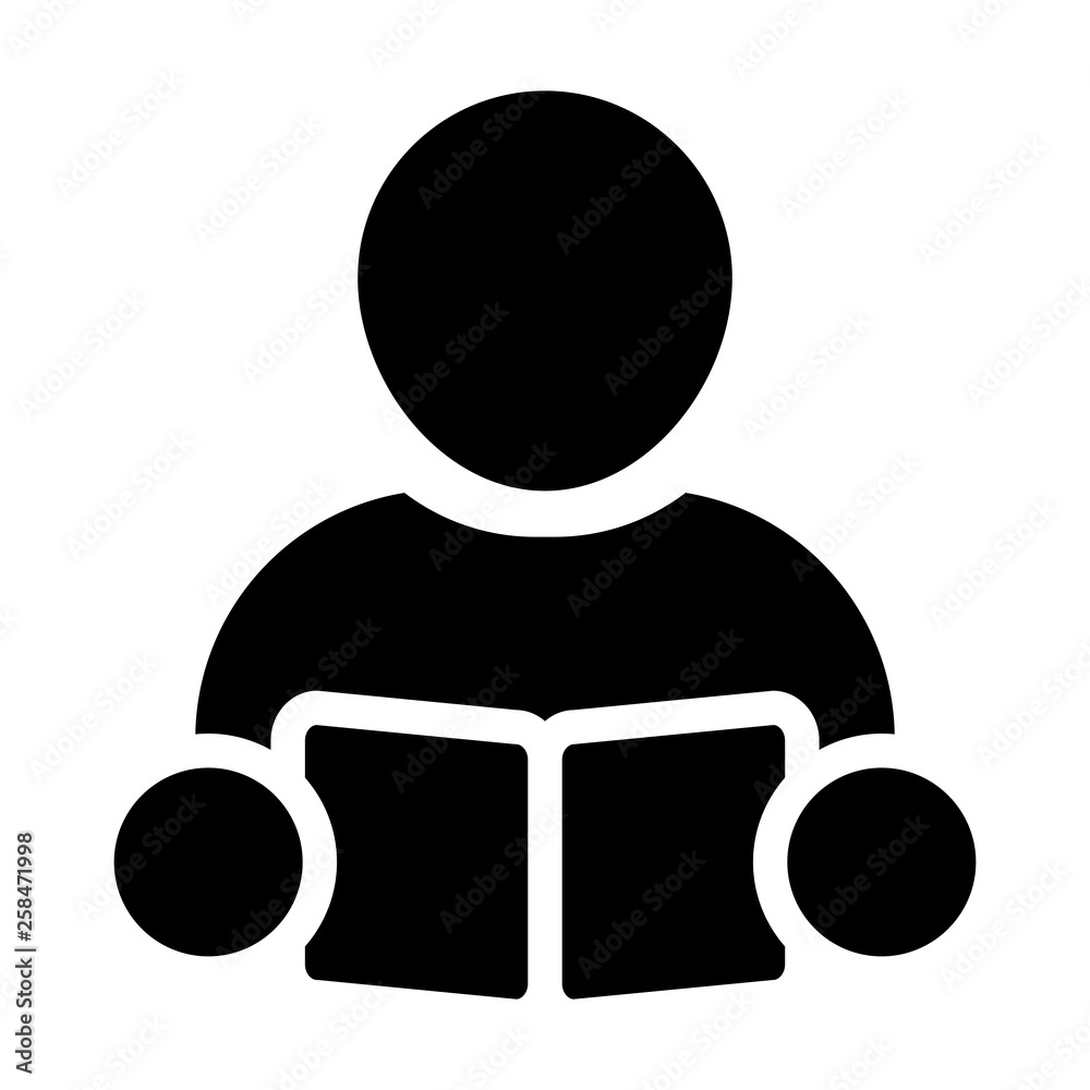 Book icon vector male person profile avatar symbol for school, college and university education in flat color glyph pictogram illustration