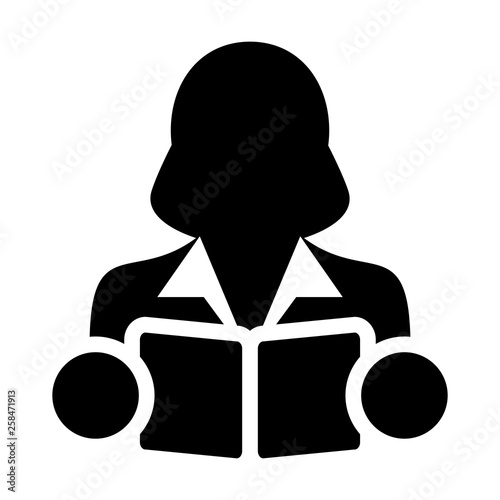 Education icon vector female student person profile avatar with book symbol for school, college and university education in flat color glyph pictogram illustration