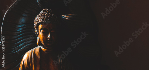 Golden Gautama Buddha statue with a black background depicting darkness and hope coming in form of sunlight.