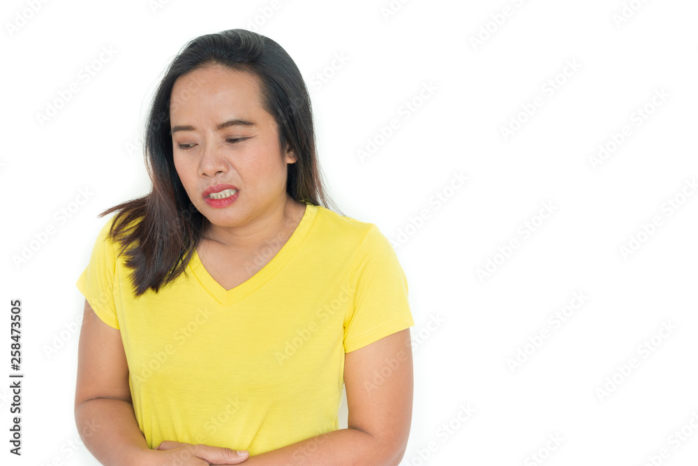 Woman stomach ache health care concept on white background isolation Woman stomach ache health care concept on white background isolation