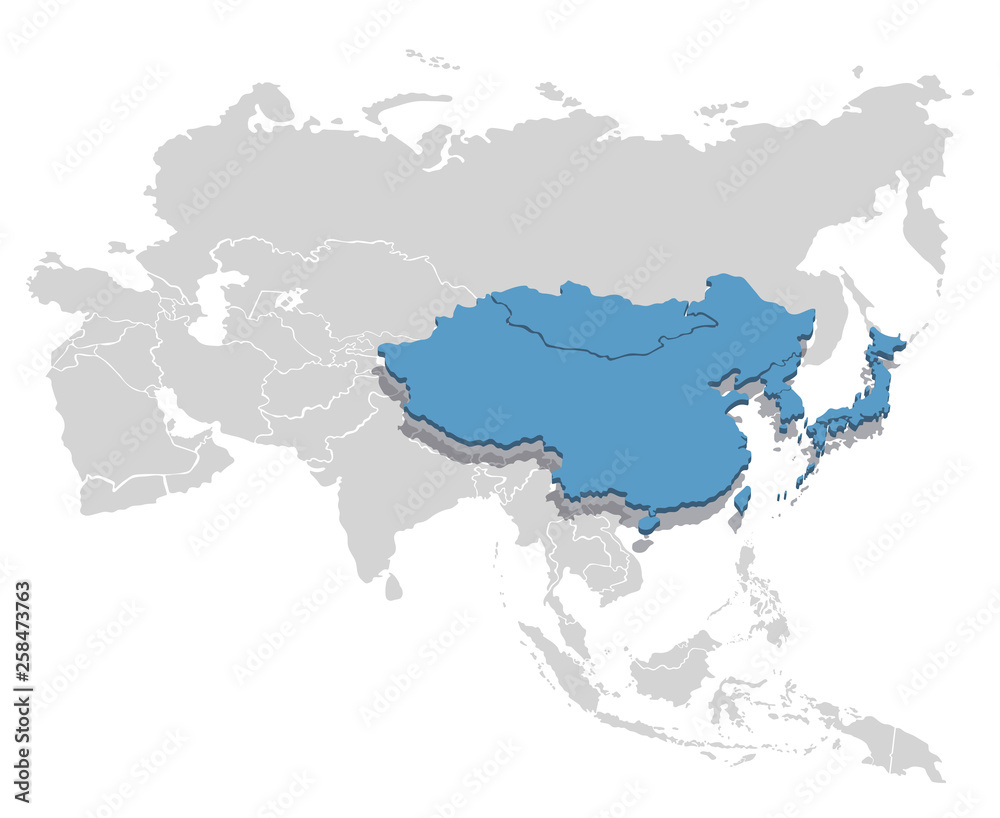 East Asia in blue on the grey model of Asia map. Vector illustration