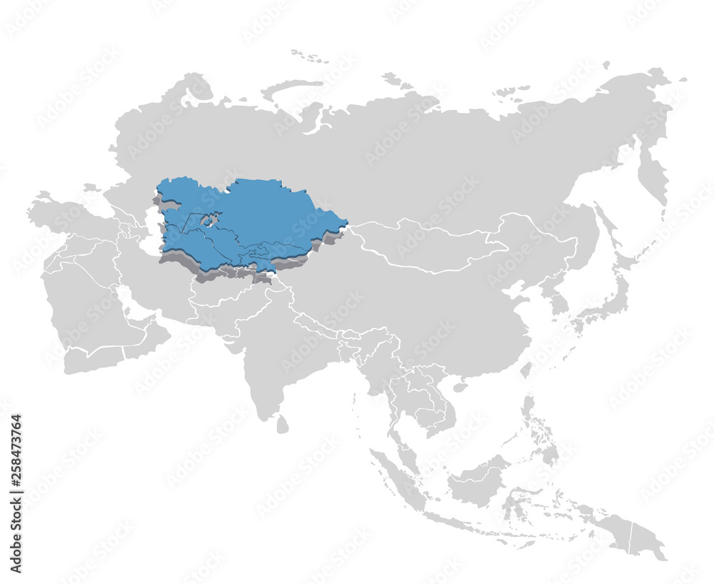 Central Asia in blue on the grey model of Asia map. Vector illustration