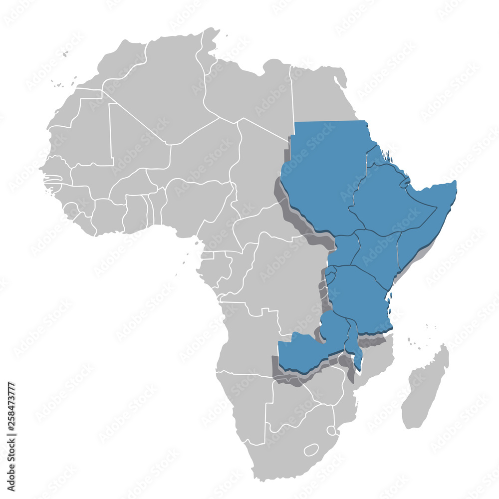 Eastern Africa in blue on the grey model of Africa map. Vector illustration
