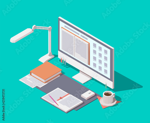 Online library or E-learning concept. Vector isometric illustration with desktop monitor, lamp, books and coffe