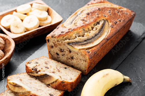 Homemade banana bread with walnut and cinnamon.