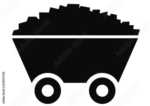 trolleTrolley with coal, black vector icon. Silhouette of wagon with stone.y with coal