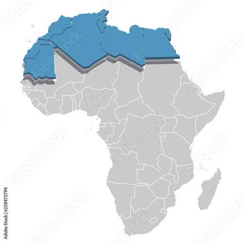 North Africa in blue on the grey model of Africa map. Vector illustration