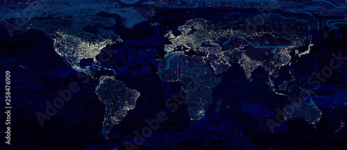 World map city lights and dark motherboard hi technology conceptual collage. Elements of this image furnished by NASA.