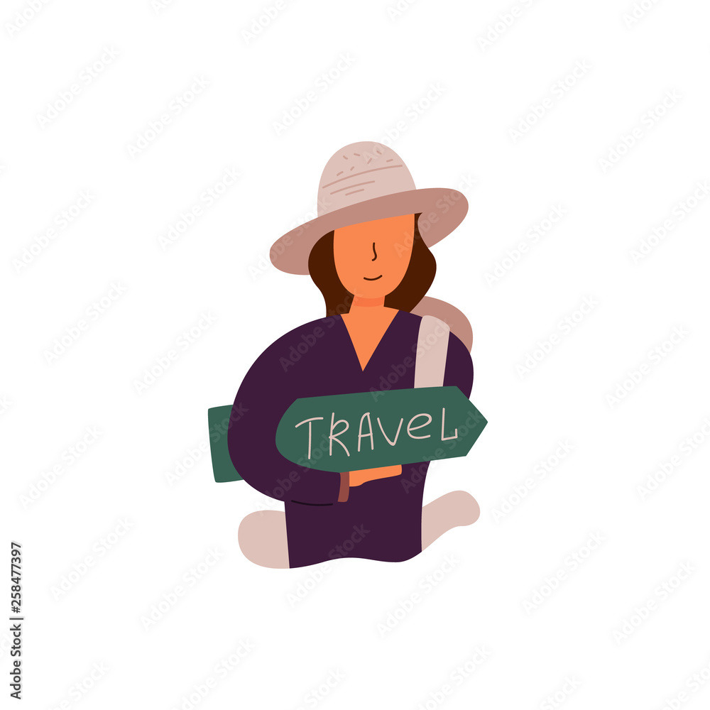 Vector flat banner travel time girl in brown hat