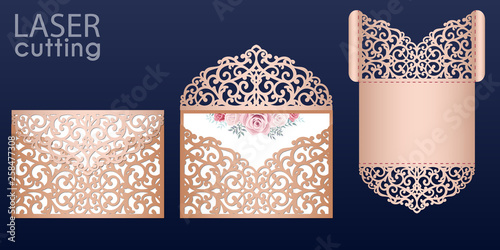 Laser cut wedding invitation card template vector. Wedding pocket envelope or greeting card with lace pattern. Open card with roses. Suitable for greeting cards, invitations, menus.
