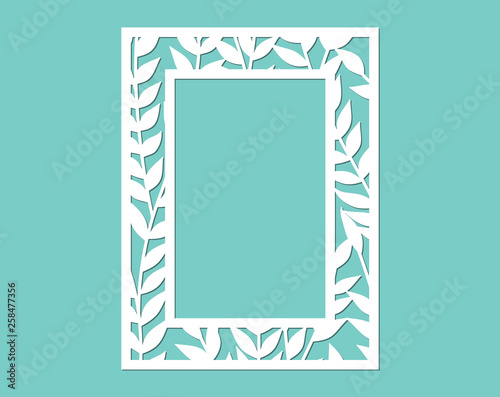 Laser cut paper lace frame, vector illustration. Ornamental cutout photo frame with pattern of leaves. Abstract vintage background. Element for wedding invitation and greeting card. photo