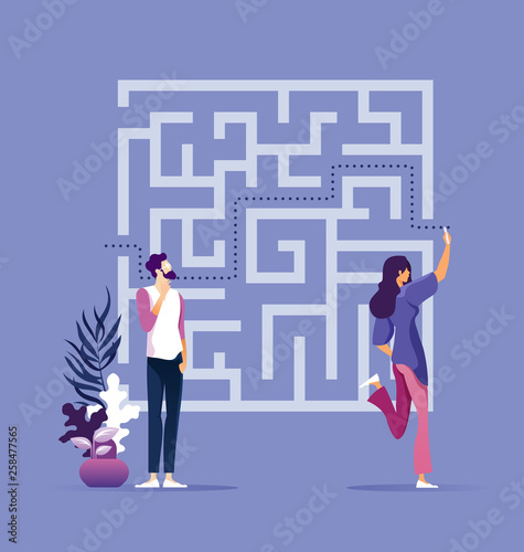 Business solution concept with business woman finding way through maze