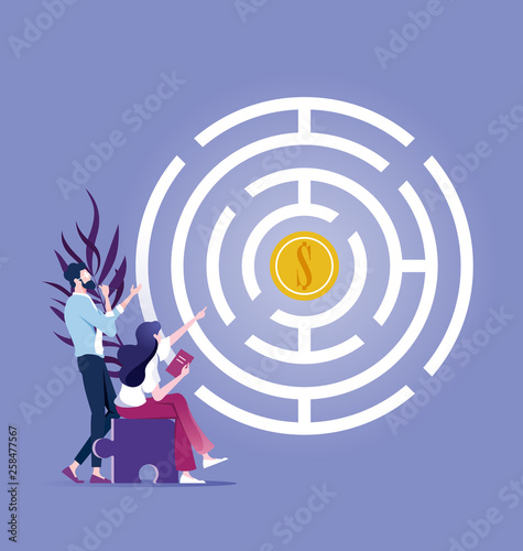 Business team try to get money in maze