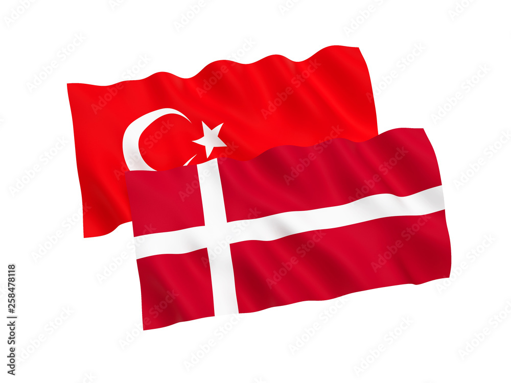 National fabric flags of Turkey and Denmark isolated on white background. 3d rendering illustration. 1 to 2 proportion. National fabric flags of Turkey and Denmark isolated on white background. 3d rendering illustration. 1 to 2 proportion.