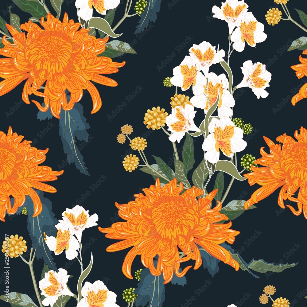 Seamless floral pattern. Orange Japanese national flower chrysanthemum and  herbs. Illustration luxury design, textiles, paper, wallpaper, curtains,  blinds. Dark background. Stock Illustration | Adobe Stock