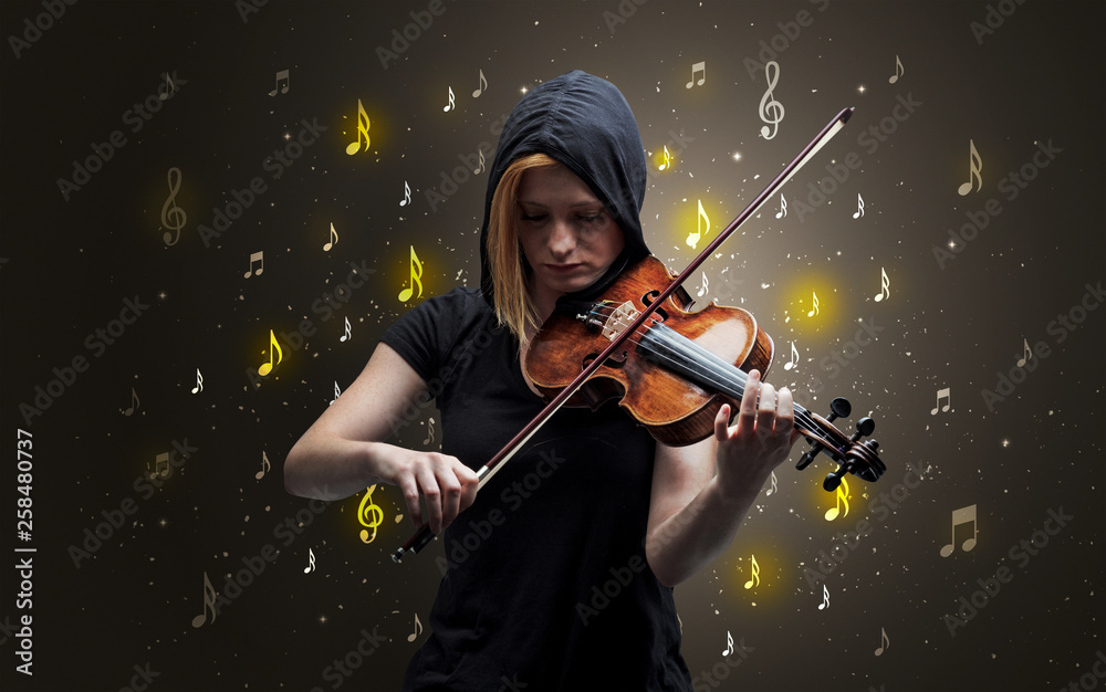 Fototapeta premium Young violinist with falling musical notes wallpaper and classical concept