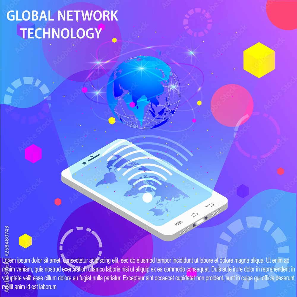 Vector drawing of a mobile phone and of the globe on a colored background