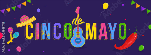 Purple header banner or poster design decorated with colorful bunting and party elements for Cinco De Mayo party celebration.