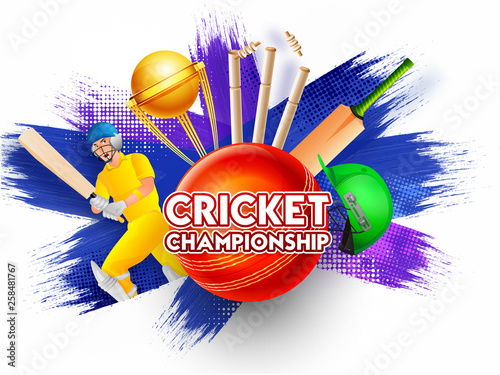 Cricket Championship banner or poster design, close view of ball, bat, stump and golden trophy on paint stroke background.