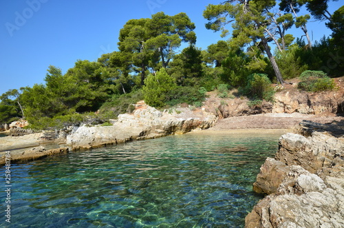 France, Côte d'Azur, Cannes, Iles de Lérins, crique île Sainte Marguerite. Cette île abrite dans le Fort Royal la prison de l'énigmatique homme au masque de fer. photo