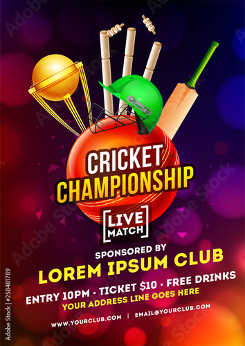 Cricket Championship Live Match template or flyer design with match timing and venue details on shiny background.