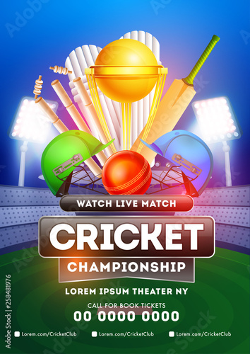 Live Cricket Championship template or flyer design with details, match between two team, close view of golden shiny winning trophy and cricket equipment on stadium view  background.