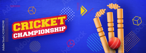 Stylish text or Cricket Championship with stump and ball on blue abstract background for header banner or poster design.