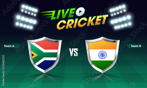 Cricket Match participating countries flag shield with India VS South Africa highlighted on shiny Stadium background for Live Cricket banner or poster design.