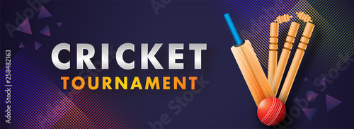 Website Header banner or poster design of Cricket Tournament with abstract cricket equipment on dark purple background.