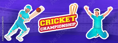 Cricket player in different pose with cricket equipment on purple abstract background for Cricket Championship header banner or poster design.