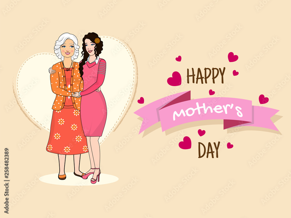Creative illustration of mother and daughter hugging each other, concept of Happy Mother's Day celebration.