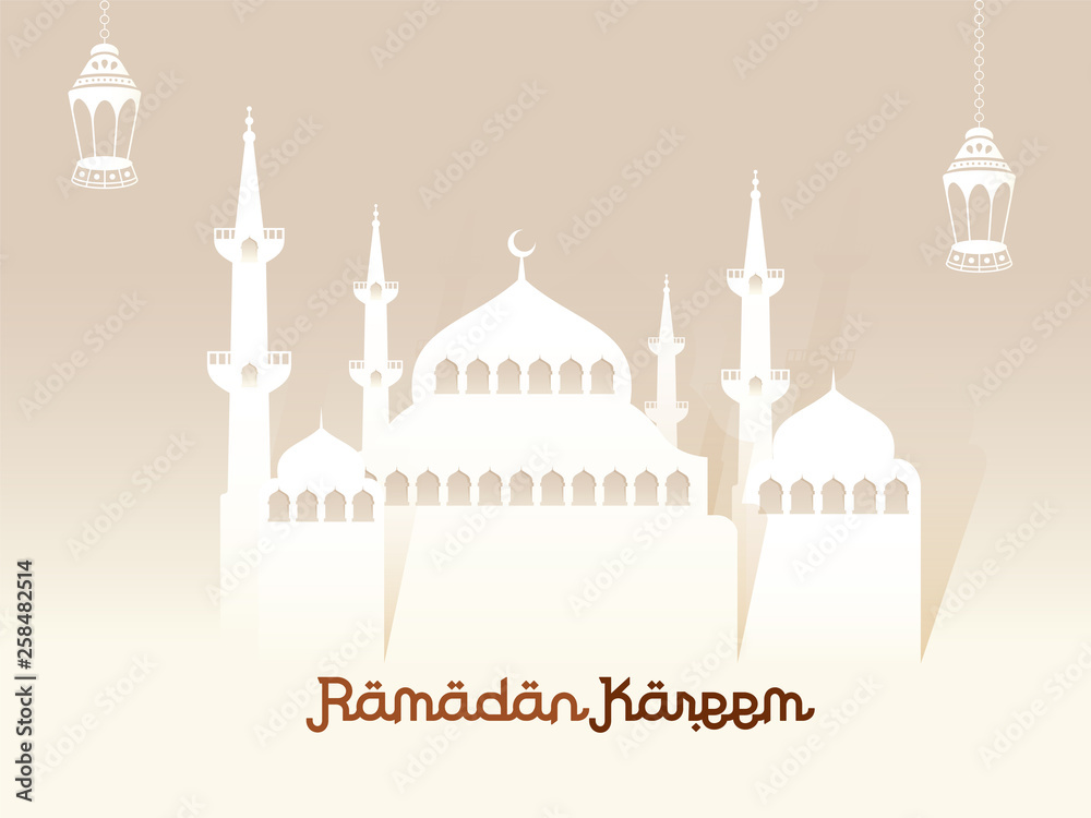 Creative illustration of Mosque and hanging lantern with stylish text of Ramadan Kareem banner or poster design.