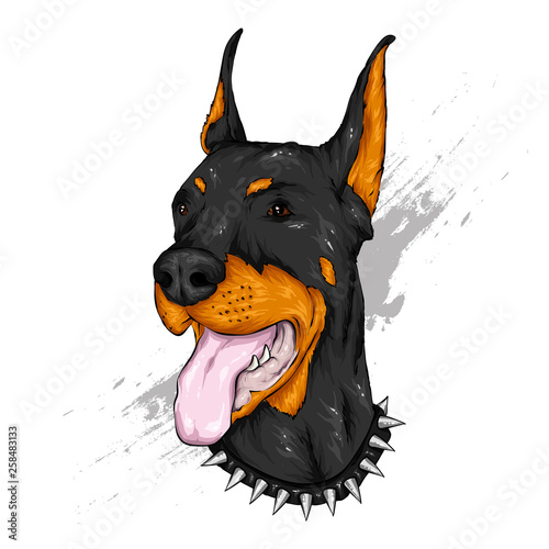 Black dog. Funny puppy. Vector illustration for greeting card or poster, print on clothes. Doberman.