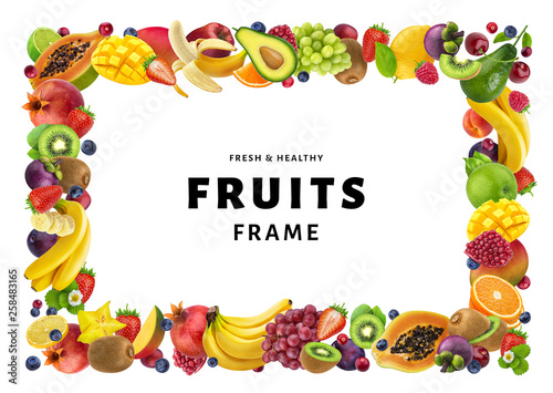 Fototapeta Naklejka Na Ścianę i Meble -  Frame made of different fruits and berries, isolated on white background, healthy food concept, copy space