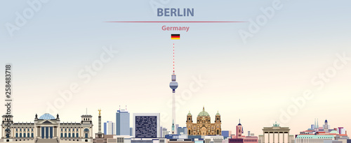 Vector illustration of Berlin city skyline on colorful gradient beautiful day sky background with flag of Germany photo