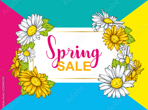 Spring Sale flyer background with beautiful flower. Vector illustration. Camomile.